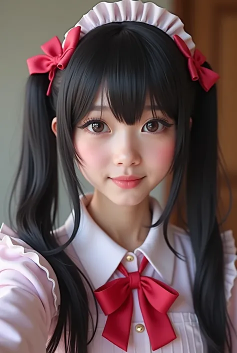  girl,  of Japanese nationality ,  doing a homemade cosplay ,  taking a black and red selfie ,  her cosplay has a wig with two firm pigtails ,  fastened with cute pink bows ,  the girl is smiling at the camera while greeting beautifully ,  she wears a cosp...