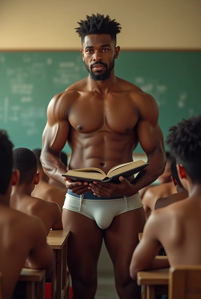  Young Cafuzo Brazilian teacher , strong, In slip underwear, with a book in hand,  teaching in a room for boys who watch him closely.