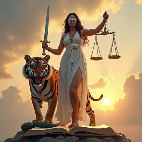  The Goddess Themis of Justice, Give a curvy body , robust and whole , and wearing a white dress ,  and showing very thick legs, and sturdy ,  with the other hand and holding a long sword , and holding with the other hand a scale with the initial M,  and c...