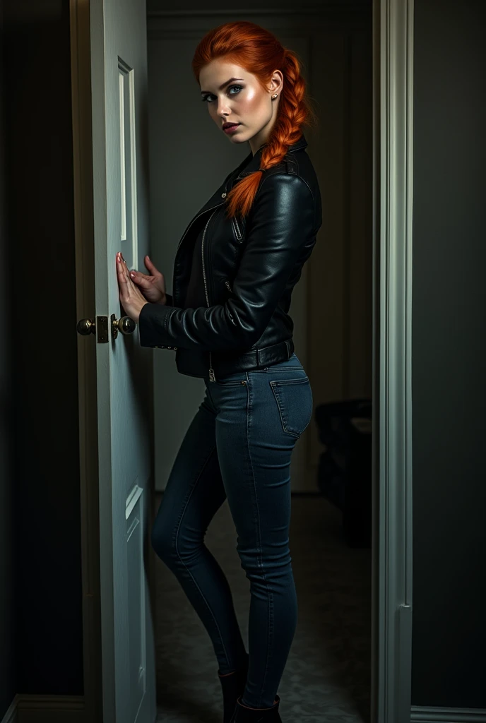  Create a beautiful red-haired woman with light blue eyes and a beautiful and delicate face, That her hair is tied in a single braid on the side ,  wearing a black sole with a black leather jacket and dark jeans . That she is watching through the small ope...