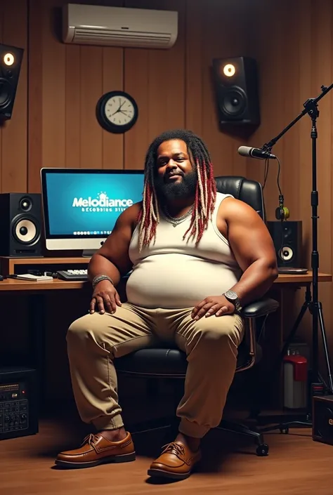 (photorealism:1.2), light brown skin fat boy sit in music recoding studio (like a 30years old),he have a white+red+black long dread locks haire tight on hed,condenser microphone near,he weareing bobmarly regge trouser and white  arm cut skiner ,computer mo...