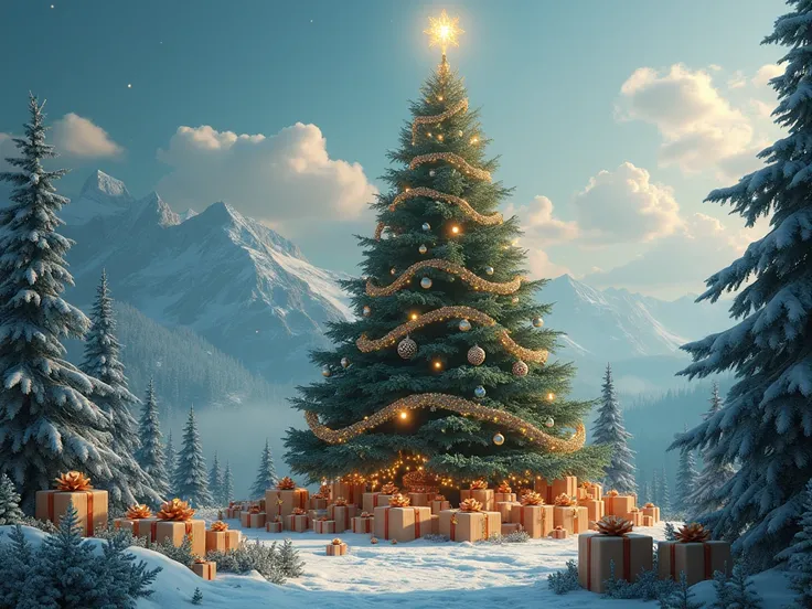  Christmas tree, Christmas, gifts, Sophisticated atmosphere , Fantasy atmosphere , landscape, Kingdom. 