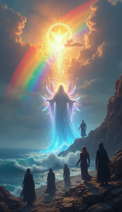 The gods celebrate, glowing with newfound energy and power, while the defeated demons retreat into the shadows. The ocean calms, and a rainbow appears, symbolizing peace and balance.