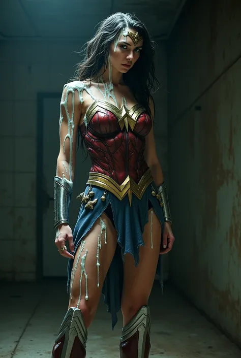 "Wonder Woman is standing in a dimly lit room, her posture tense and determined. However, her head and body are covered in a strange, white, sticky substance that seems to be dripping down from her face and shoulders. The substance has an unnatural, gooey ...