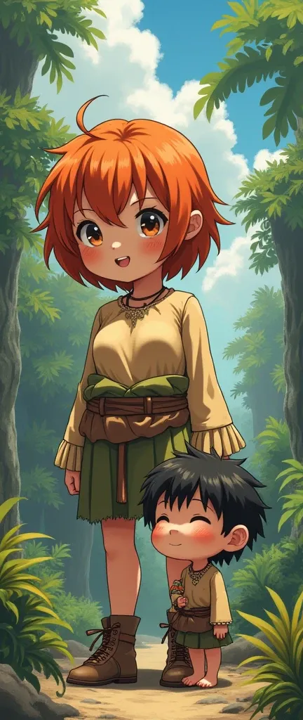 Masterpiece,Best quality, ultra detailed,Anime style, Giant girl and dwarf boy, (Giant Girl, Orange Hair, Pixie Cut, Boyish, Primitive Costume Big Breasts, Cute Fangs, Smile), (Dwarf Boy, Caught Between the Breasts of a Giant Girl, Cute Boy , black hair, p...