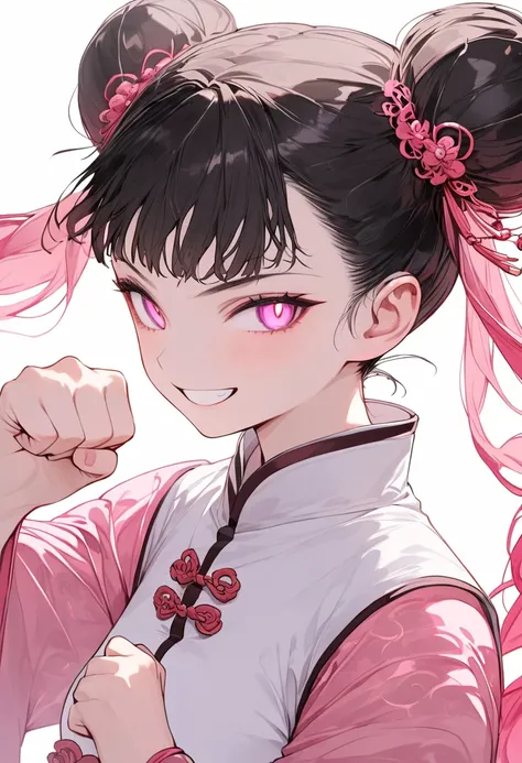 (Masterpiece, Top Quality, Aesthetic, 4K, Illustration), Exquisite Detail, One Girl, One Person, Contrast, Glowing Eyes, (Kung Fu Girl), 18 Years Old Mature, Cute Face, Clenching Fist, (Fluorescent Pink Gradient), Twin Tails in a Bun, Medium Hair, Side Loc...