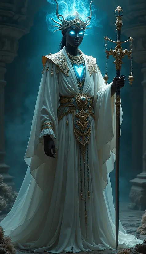 A tall, slender figure with dark skin and glowing blue eyes. He is draped in sacred flowers and beads, and carries a decorated sword representing justice.