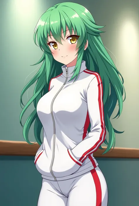 (work of art, Maximum quality, best qualityer, offcial art, beautiful and aesthetic:1.2) A shy girl from Dangaronpas anime and style,  green hair ,  golden eyes, white sports training clothes with red stripes,  white sports pants, without earrings.