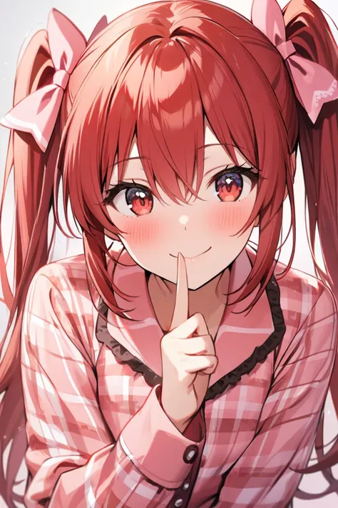 1girl, solo, long hair, looking at viewer, blush, smile, long sleeves, red eyes, hair between eyes, closed mouth, twintails, upper body, hair ribbon, hair bow, red hair, collared shirt, index finger raised, finger to mouth, pink shirt, pajamas, plaid shirt...