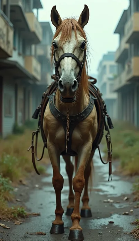 A wide-angle cinematic shot of a zombie horse, its body emaciated and draped in tattered remnants of harnesses and saddle straps. The face is grotesquely detailed with rotting, peeling skin revealing exposed bone, while its dirty, matted mane hangs in disa...