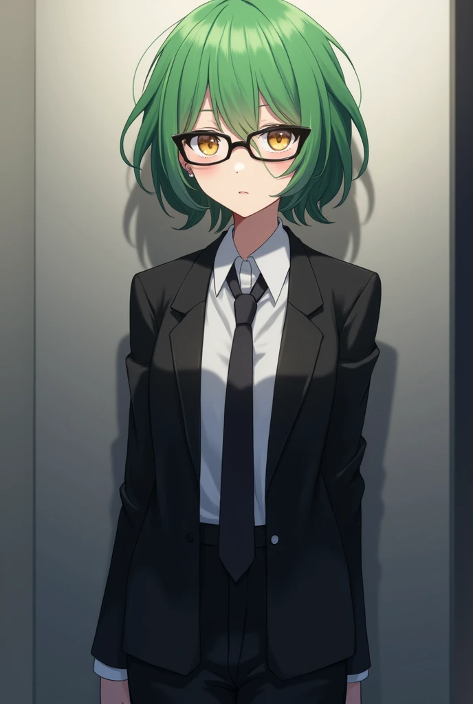 (work of art, Maximum quality, best qualityer, offcial art, beautiful and aesthetic:1.2) A shy girl from Dangaronpas anime and style,  Short Green Hair,  golden eyes, black suit, white shirt, black pants, glasses, without earrings.