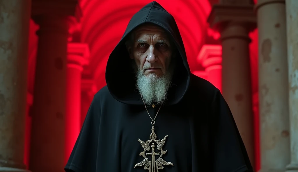 An elderly character with a pope-like appearance, featuring deep, macabre eyes and a ghostly, pale, almost whitish face, conveying a terrifying air. He wears a dark hood that contrasts with the pallor of his skin. His expression is enigmatic, with facial f...