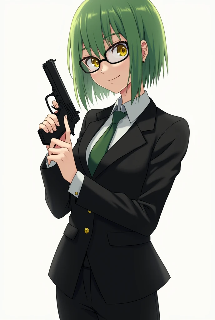 (work of art, Maximum quality, best qualityer, offcial art, beautiful and aesthetic:1.2) A shy girl from Dangaronpas anime and style,  green hair ,  golden eyes, black suit, white shirt, black pants, glasses, without earrings,  Holding a pistol .