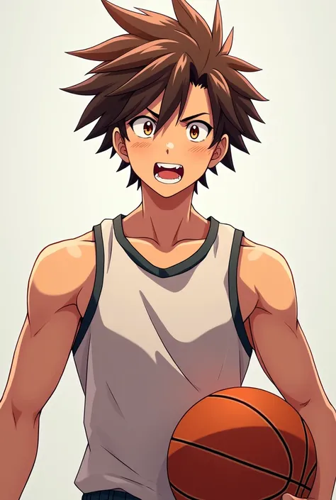 Tall highschool boy crazy athletic Brown Hair, High Resolution, Accurate, Gradient Hair, Smile, Teeth, Fang, Blush, Open Mouth, Embarrassed, Smirk, Clenched Teeth, Anime Style, Anime, Basketball