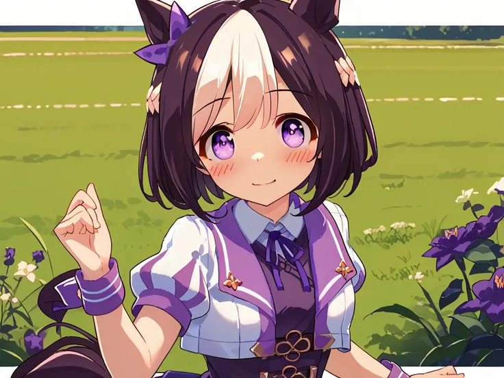 best quality, absurdres, masterpiece, 1人の女の子
special week (Uma Musume), 
ear bow, purple bow, puffy short sleeves, neck ribbon, blue ribbon, cropped jacket, white jacket, two-tone jacket, collared shirt, white shirt, purple vest, wristband, wrist cuffs, wh...