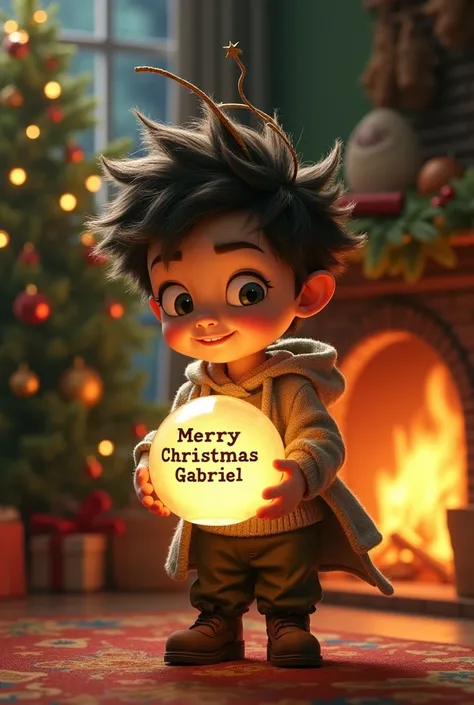 Alfalfa boy from the movie little mischievous people with a hair antenna clutching a crystal ball that says merry Christmas Gabriel next to a Christmas tree and a fireplace 