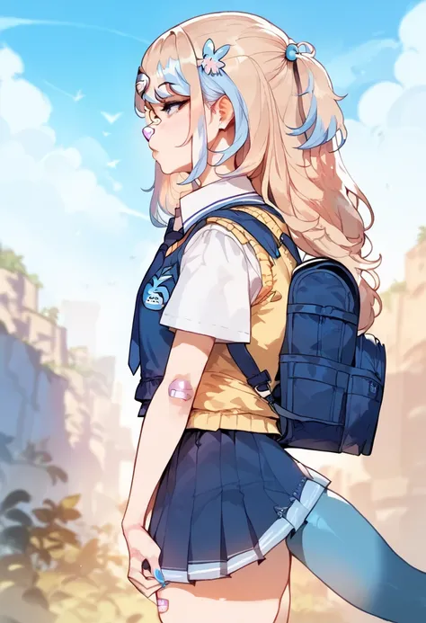 gura_school, blue skirt, collared shirt, necktie, yellow vest, bandaid, shark tail, blue nails, backpack, sky-blue backpack, light blue backpack, side view, backpack focus