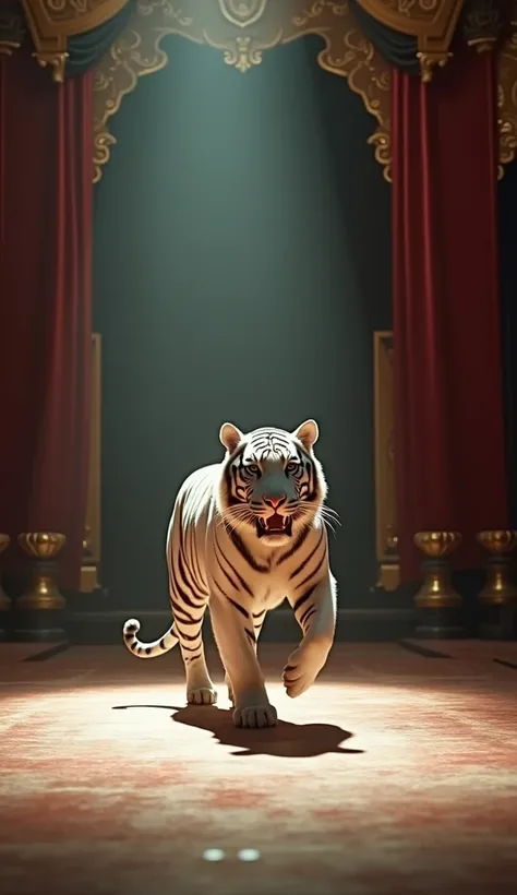 "A cinematic scene of a majestic white tiger running gracefully across a grand stage, its muscular body glowing under the dramatic spotlight. The tigers fur is pure white with striking black stripes, and its powerful movements exude elegance and strength. ...