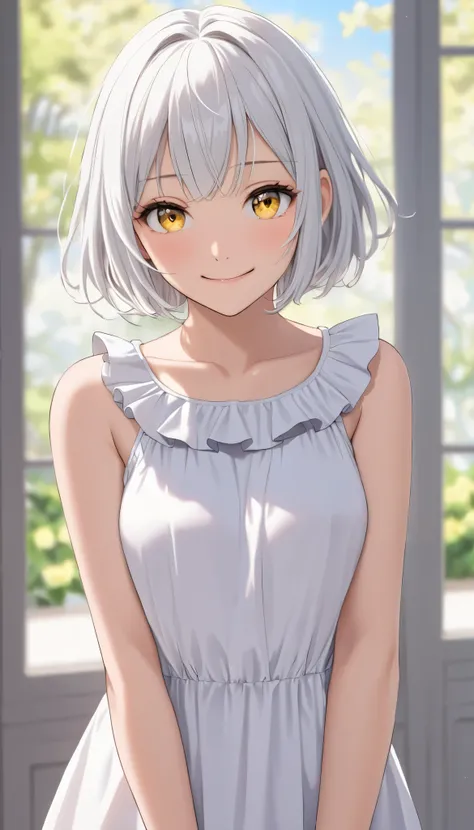 1girl, solo, looking at viewer, blush, short hair, medium breasts, kindly smile, standing, collarbone, yellow eyes, white hair, grey hair, embarrassed, frill onepiece, hair intakes, upper body