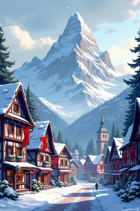 An old German town on Bavaria with an enormous mountain on the background and red banners all over the town Snowing. PIXEL ART