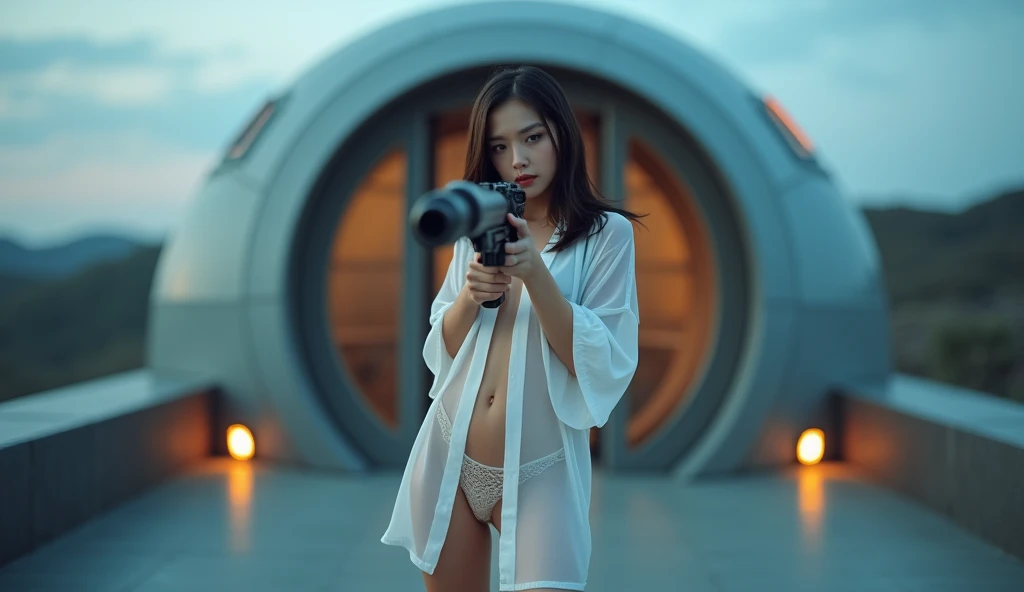 (indoor, close-up isometric view,tilt-shift lens:1.6), (realistic photo:2) of (stasis _chamber:1.5), observation deck, in the foreground a young porcelain skinned beautiful Half Taiwanese woman with dark long flowing hair, 24yo, stands outdoors at dusk, fa...