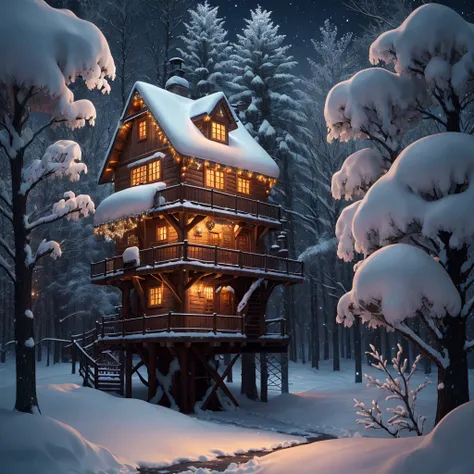 A cozy Christmas atmosphere with a glowing treehouse nestled in a snowy landscape under a starry night sky. The treehouse radiates a warm golden glow, illuminating the snow gently. Softly shimmering snowflakes drift through the air, and frosted trees outli...