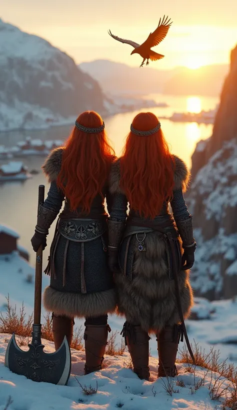 An ultra-realistic, cinematic depiction of two Viking twin sisters standing victorious at the edge of a cliff, overlooking their snow-dusted village bathed in the golden light of sunset. Their fiery red hair, now unbound and flowing freely, catches the sof...