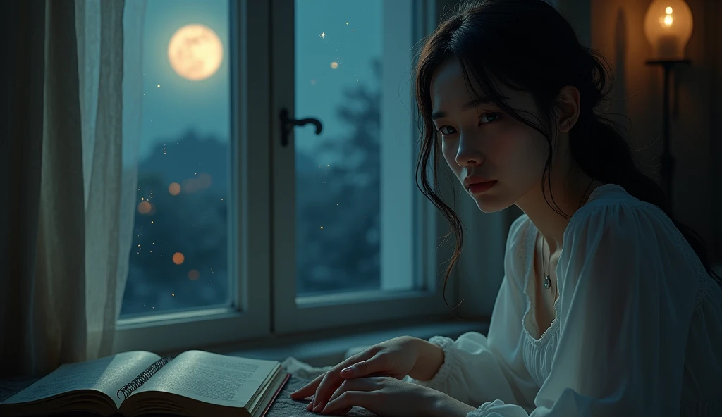 "Close-up of a melancholic woman sitting by a window at night, wearing a simple white dress, with tears in her eyes. She looks out at a starry sky and a glowing moon. The room has a warm, soft light, and an open diary sits on a nearby table. The scene capt...