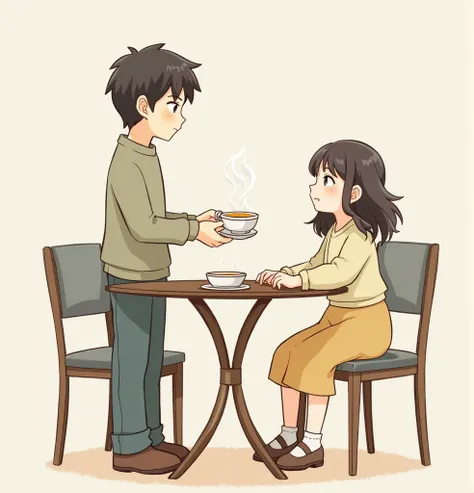 Make it a proper drawing where a girl is siting on a chair Infront of a table and the boy is holding soup 