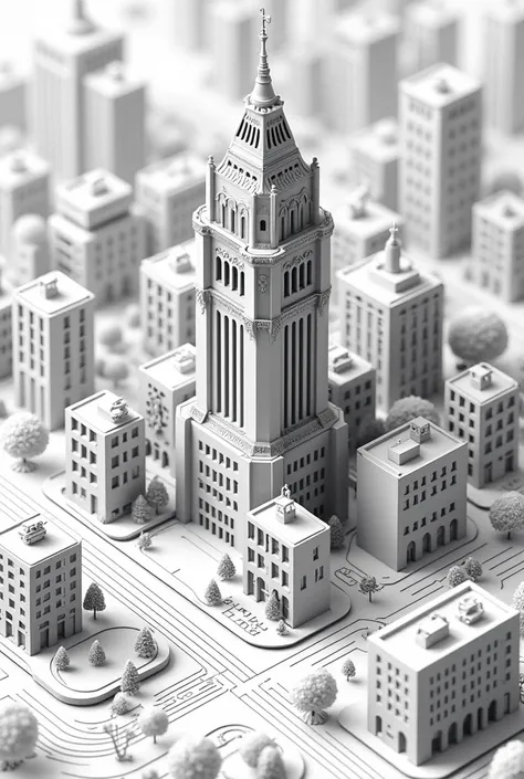  An isometric black and white city with a detailed design ,  where shading is the protagonist ,  highlighting the depth and volumes of each element .  The city has a variety of buildings in modern and classic architectural styles , streets with intricate p...