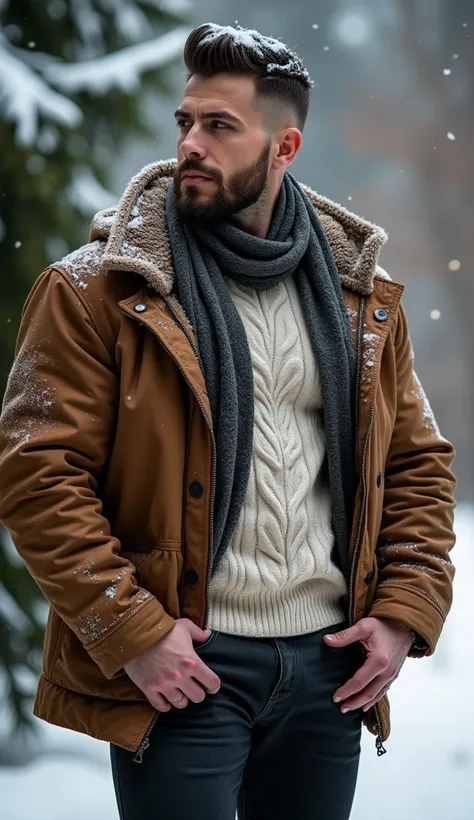  spectacular man , muscular and handsome ,  bodybuilder ,  cara perfecta ,  piernas fuertes y musculosas large lump , great detail,  a pair of dark black jeans , large lump,   wearing dorada jacket con capucha fashion winter with high collar ,   in the out...