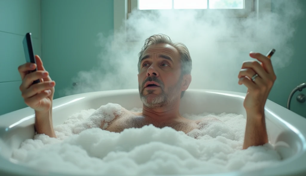 a man in a bathtub full of foam holding a cell phone and smoking a marijuana cigarette with the other hand. clear environment, Real photo,  Professional effect ,  resolution 4k .