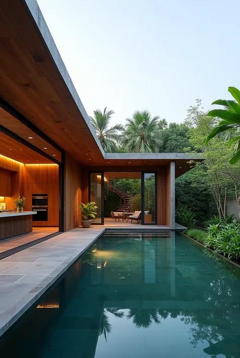 Modern wooden house, L-shaped, with an open Thai kitchen. Swimming pool next to the house with a beautiful garden for relaxing.