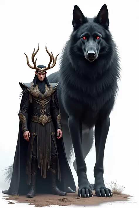 Loki accompanied by a giant black dog with red eyes with a white background