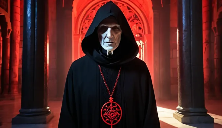 An elderly character with a pope-like appearance, with a ghostly and pale, almost whitish face, conveying a terrifying air. He wears a dark hood that contrasts with the clarity of his skin. His expression is enigmatic, with facial features that evoke myste...