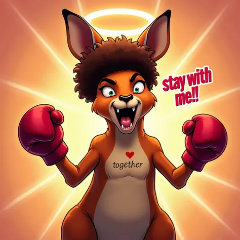 「Stay with me!!」
Prompt: The kangaroo extends both boxing gloves dramatically toward the viewer, its afro styled into a halo-like shape. Its face contorts into a comically pleading expression, while a heart-shaped tattoo on its bicep reads "TOGETHER." The ...