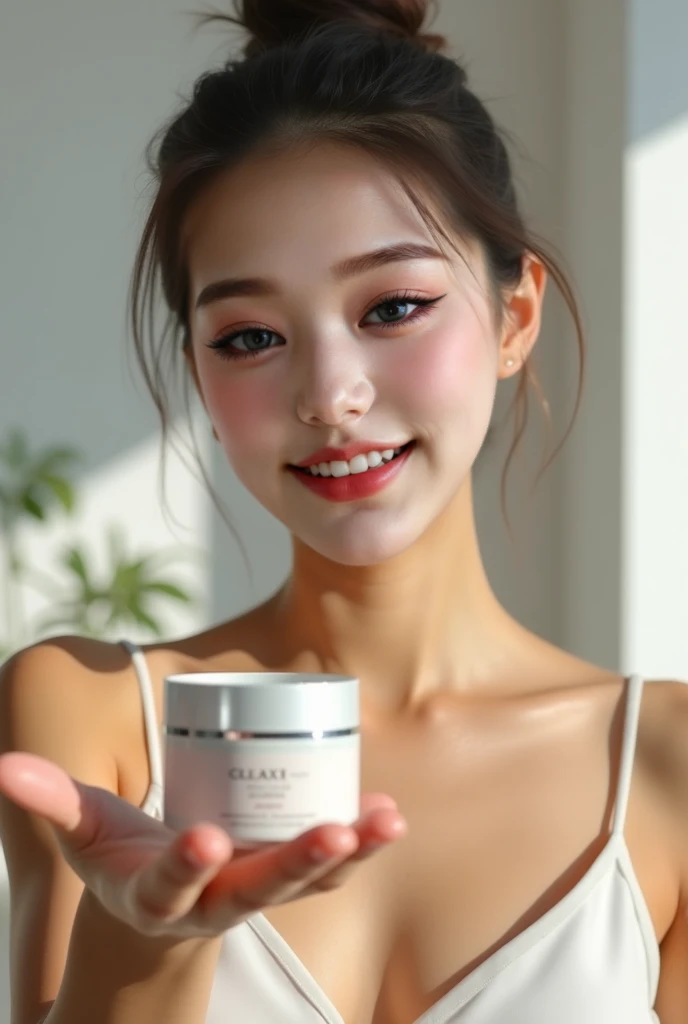 draw she is advertising the clay mask from TH True MASK in her hand