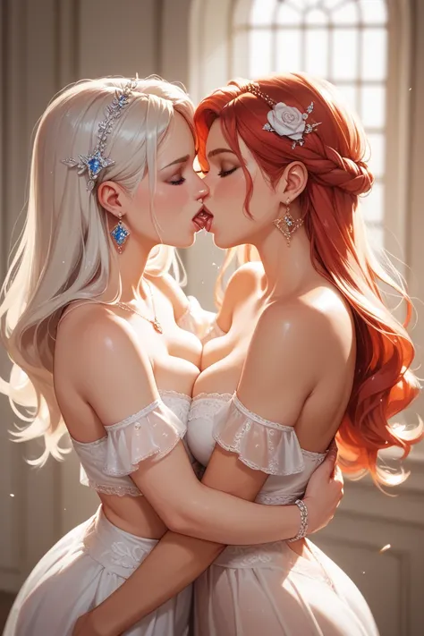 Lesbian illustration of an R18 beautiful girl panting comfortably by sticking together her secret parts covered in love juice while giving a deep kiss