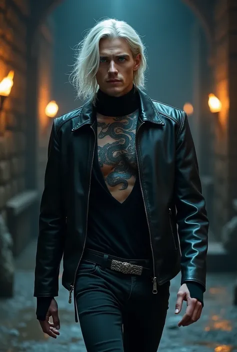  Create a beautiful prince from hell ,  beautiful face, high,  imposing, long platinum hair ,  sky blue eyes and a marked face . That your hair is loose , Wear a black leather jacket with a turtleneck t-shirt,  your chest exposed with snake tattoos.  Some ...