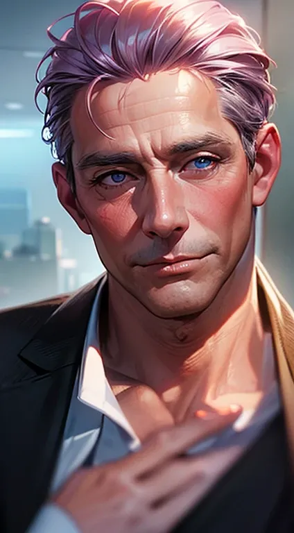 (Highest quality,4K,8K,High resolution,masterpiece:1.2),Super detailed,(Realistic,photoRealistic,photo-Realistic:1.37),1 personld,Mature Men,Beautiful skin、very handsome,Expressionless,smile,Short gray pink hair,blue eyes,Sharp Eyes,A perfect face without ...