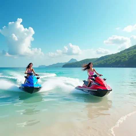 Seaside atmosphere with white sand beach, clear sea, recreation. A beautiful white Thai girl is happily riding a red jet ski, while another beautiful Thai girl Suri is happily riding a blue jet ski. It is a virtual digital photo with complete visual detail...