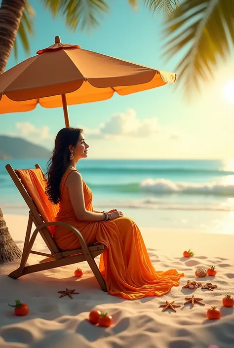 One Indian woman setting on the chair, chair with umby on the beach, many starfish, on the beach, on left side of this woman "NISHA SARANG" write with flowers in standing condition, " GOOD MORNING" written with yellow flowers also .