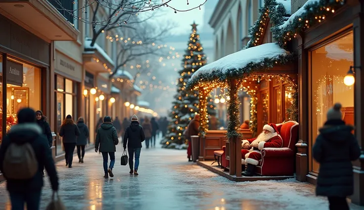 Camera slowly zooms in on a bustling shopping mall. Soft Christmas music plays in the background. Shoppers bustle past brightly decorated store windows and a giant Christmas tree. The camera focuses on the Santa area, which is set up with plush chairs and ...