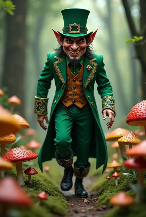 A sinister royal leprechaun walking among colorful mushrooms