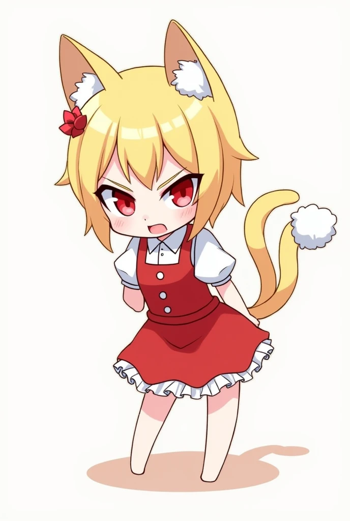 Young tiny anime girl, small, petite, red maid dress, mini skirt, short hair, blonde, red eyes, lashes, cat ears, cat tail, sassy, mean, 