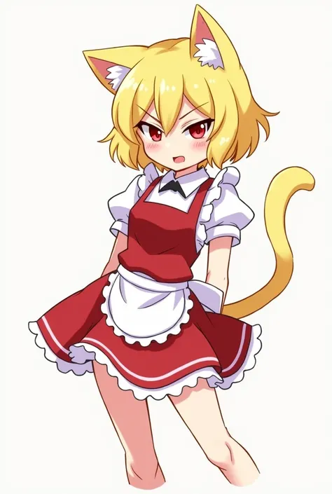 Young tiny anime girl, small, petite, red maid dress, mini skirt, short hair, blonde, red eyes, lashes, cat ears, cat tail, sassy, mean, 