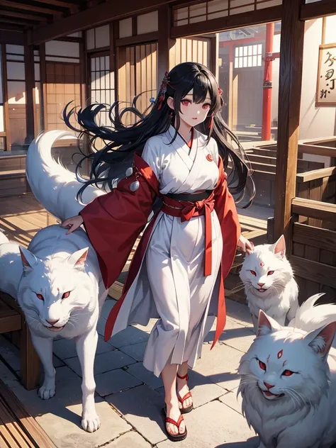 Japanese Mythology、God of wisdom 、goddess、Omoikane 、 black hair long、 red lips、 is standing on the roof of the storehouse、Simple white coat 、 shining magatama necklace 、Hachiji Kanegami 