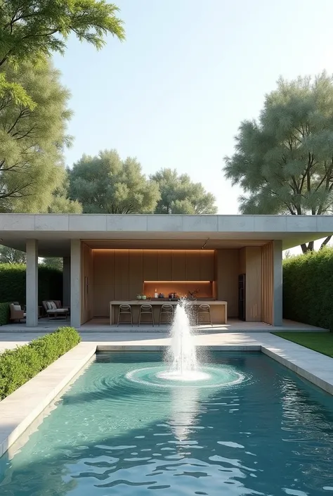 Small house, minimalist, open kitchen, swimming pool with fountain in front of the house.