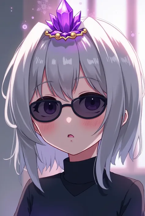 An anime girl in a Black shirt, wearing sunglasses, she has white-grayish hair, she also has a a purple crystal surrounded by gold floating on top of her head.