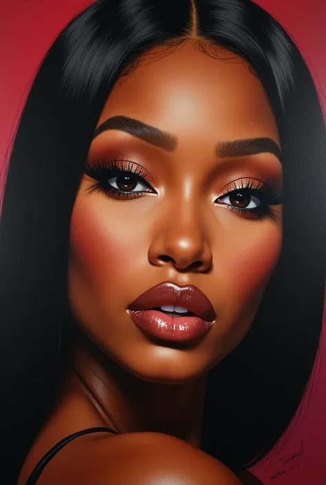 a beautiful detailed portrait of niki minaj,flawless skin,piercing eyes,full lips,sharp contoured cheekbones,long lashes,highly detailed face,photorealistic,masterpiece,elegant lighting,dramatic chiaroscuro,rich color palette,oil painting style